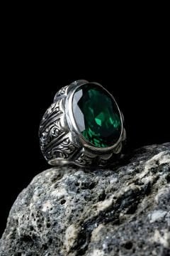 Erzurum Kalemkar Usta İşçiliği Yekta Model Zümrüt Zirkon Taşlı Erkek Yüzük