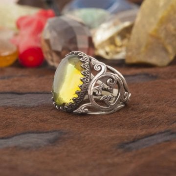 Dominik Damla Kehribarı El İşi Gümüş Yüzük