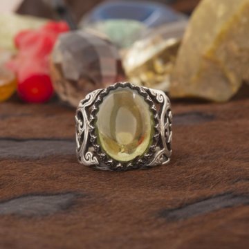 Dominik Damla Kehribarı El İşi Gümüş Yüzük