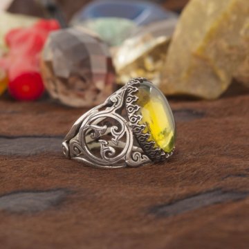 Dominik Damla Kehribarı El İşi Gümüş Yüzük