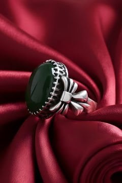 Kurdele Model Yeşil Akik Taşlı El İşi Gümüş Yüzük