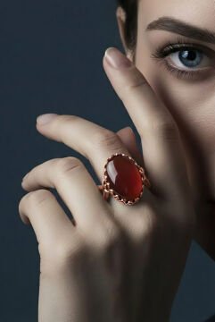 Lale Model Akik Taşlı El İşi Gümüş Yüzük 15 - Rose Rengi