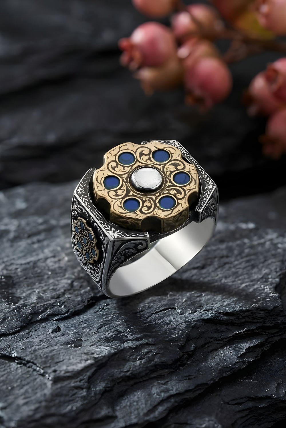 Stres Çarkı Model Safir Renk Zirkon Taşlı Gümüş Yüzük