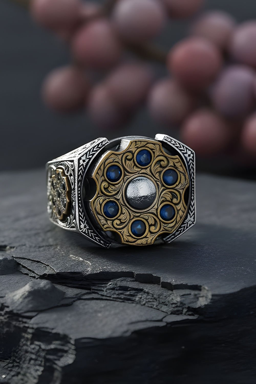 Stres Çarkı Model Safir Renk Zirkon Taşlı Gümüş Yüzük