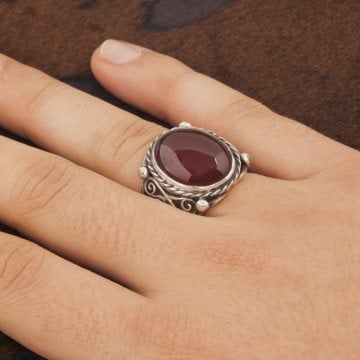 Akik Taşlı El İşi Gümüş Yüzük