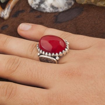 Kızıl Endonezya Akiği Taşlı El İşi Gümüş Yüzük