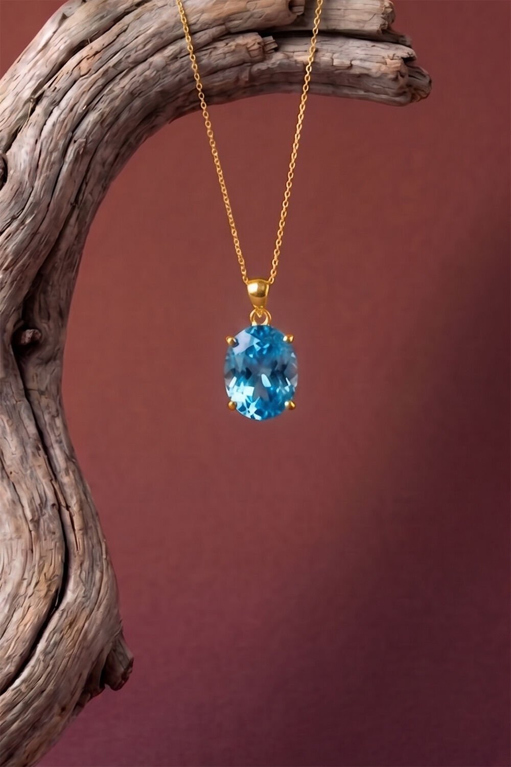 Tek Taş Model Mavi Topaz Renk Zirkon Taşlı Gümüş Kadın Kolye Altın Rengi