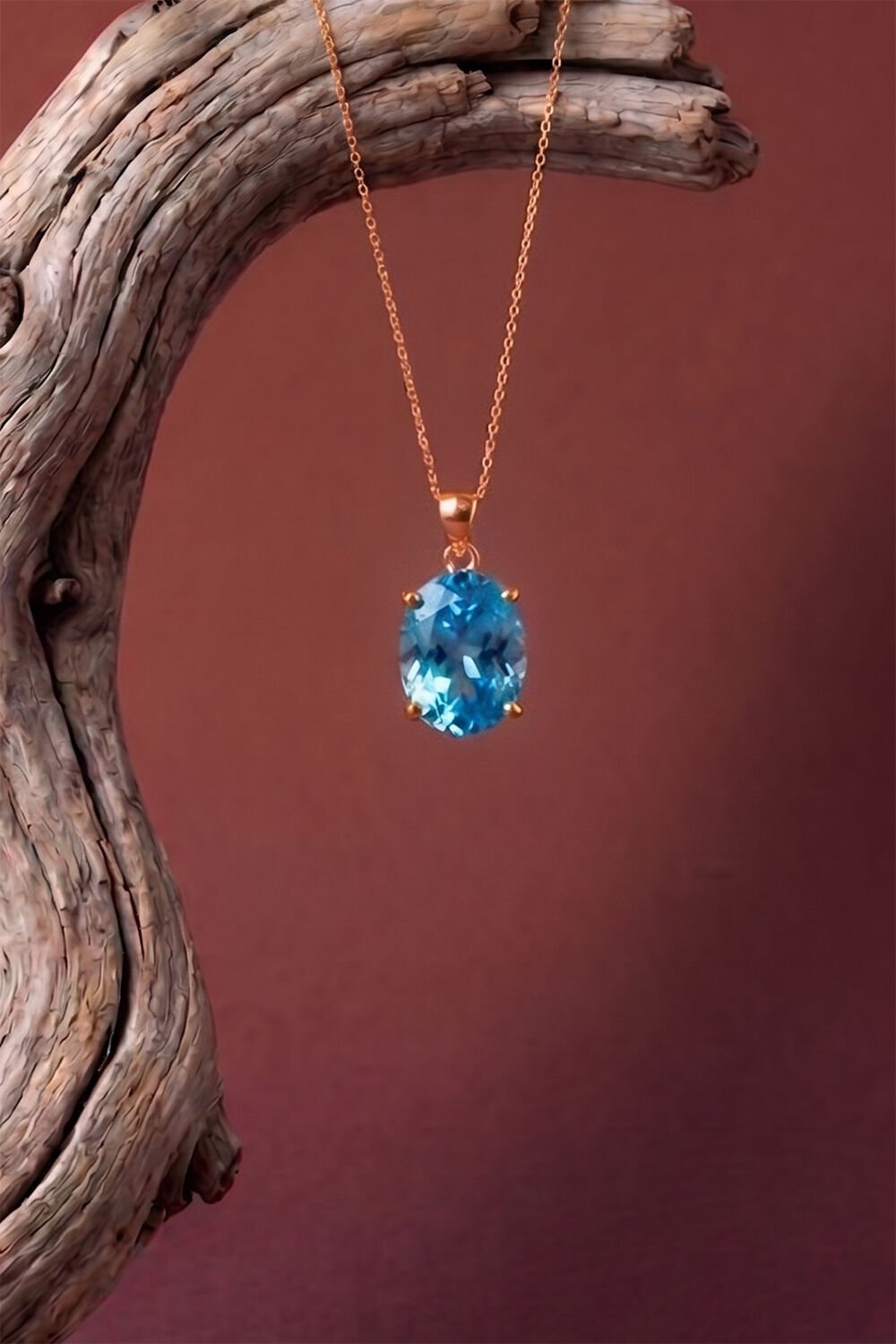 Tek Taş Model Mavi Topaz Renk Zirkon Taşlı Gümüş Kadın Kolye Rose Rengi