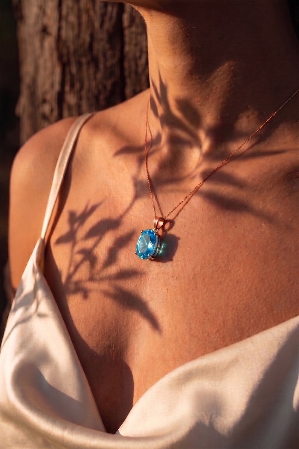 Tek Taş Model Mavi Topaz Renk Zirkon Taşlı Gümüş Kadın Kolye Rose Rengi