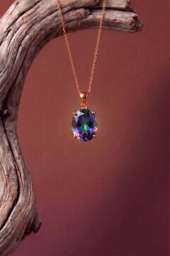 Tek Taş Model Mistik Topaz Zirkon Taşlı Gümüş Kadın Kolye Rose Rengi