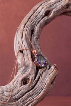 Tek Taş Model Mistik Topaz Zirkon Taşlı Gümüş Kadın Kolye Rose Rengi