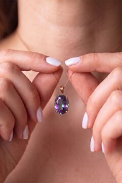 Tek Taş Model Mistik Topaz Zirkon Taşlı Gümüş Kadın Kolye Rose Rengi