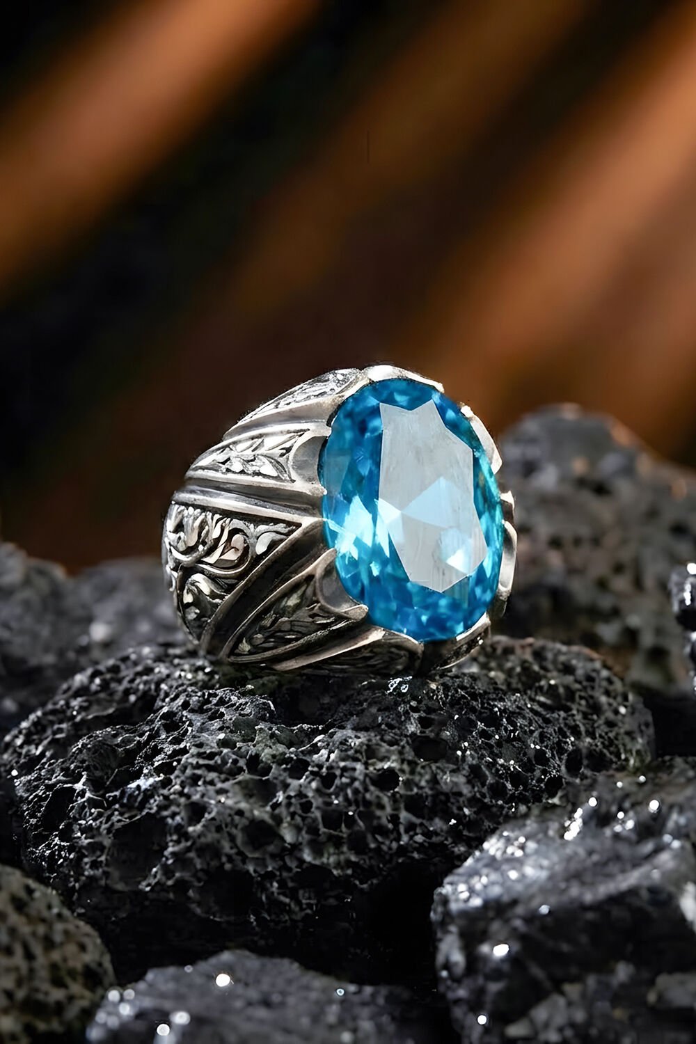 Erzurum Kalem İşçiliği Sancaktar Model Mavi Topaz Zirkon Taşlı Erkek Yüzük