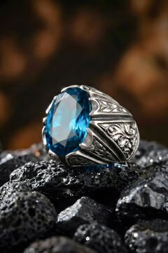 Erzurum Kalem İşçiliği Sancaktar Model Mavi Topaz Zirkon Taşlı Erkek Yüzük
