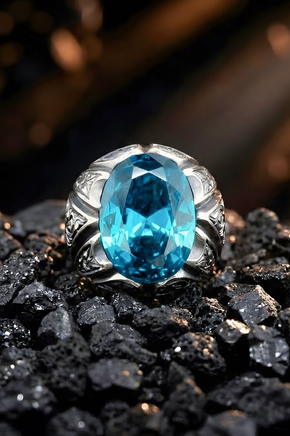 Erzurum Kalem İşçiliği Sancaktar Model Mavi Topaz Zirkon Taşlı Erkek Yüzük