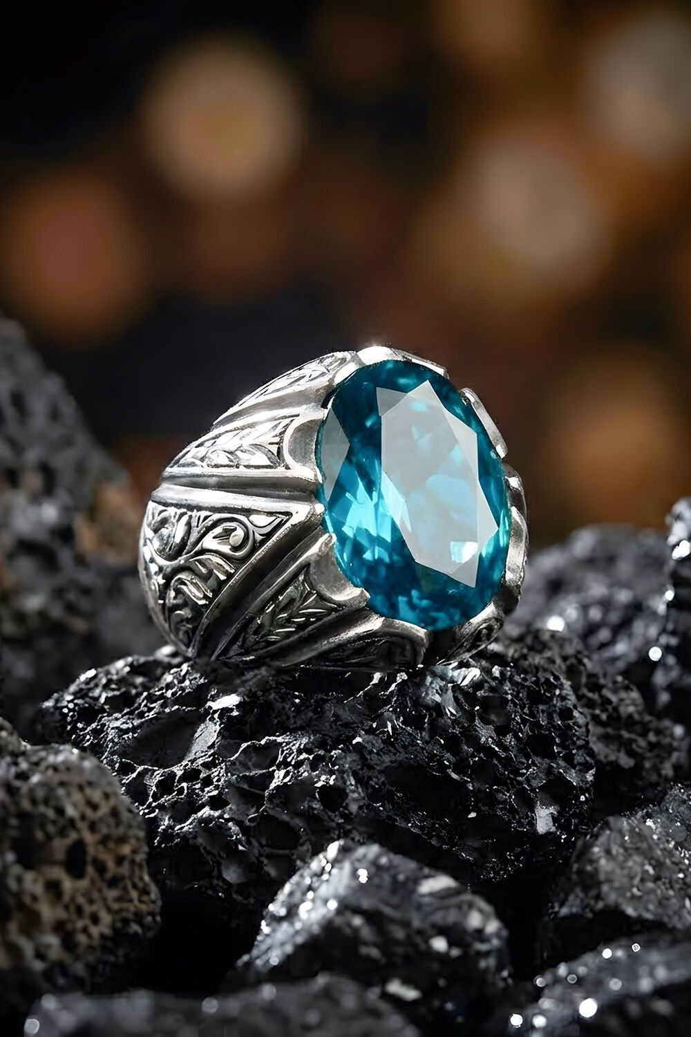 Erzurum Kalem İşçiliği Sancaktar Model Mavi Topaz Zirkon Taşlı Erkek Yüzük