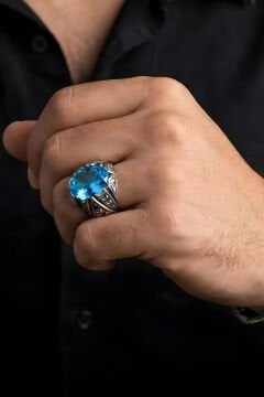 Erzurum Kalem İşçiliği Sancaktar Model Mavi Topaz Zirkon Taşlı Erkek Yüzük