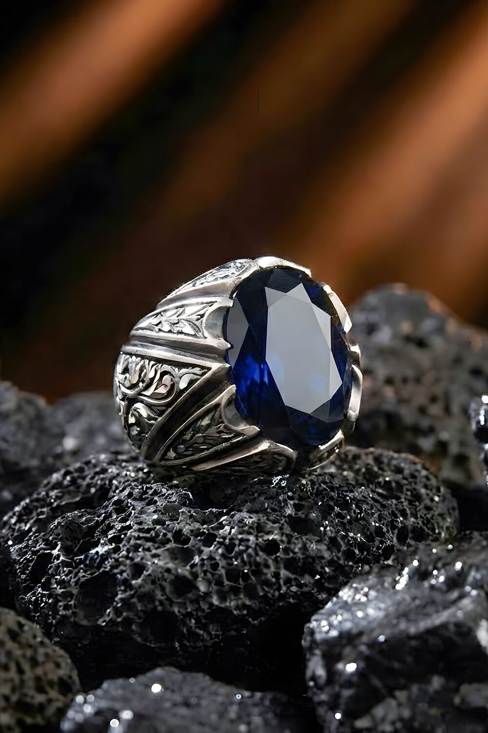 Erzurum Kalem İşçiliği Sancaktar Model Safir Zirkon Taşlı Erkek Yüzük