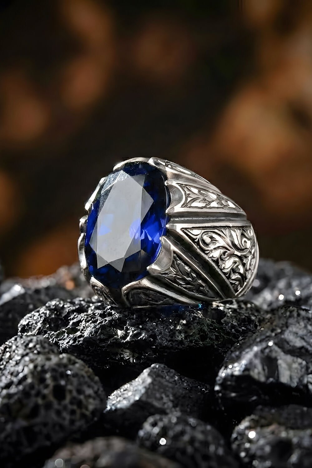 Erzurum Kalem İşçiliği Sancaktar Model Safir Zirkon Taşlı Erkek Yüzük