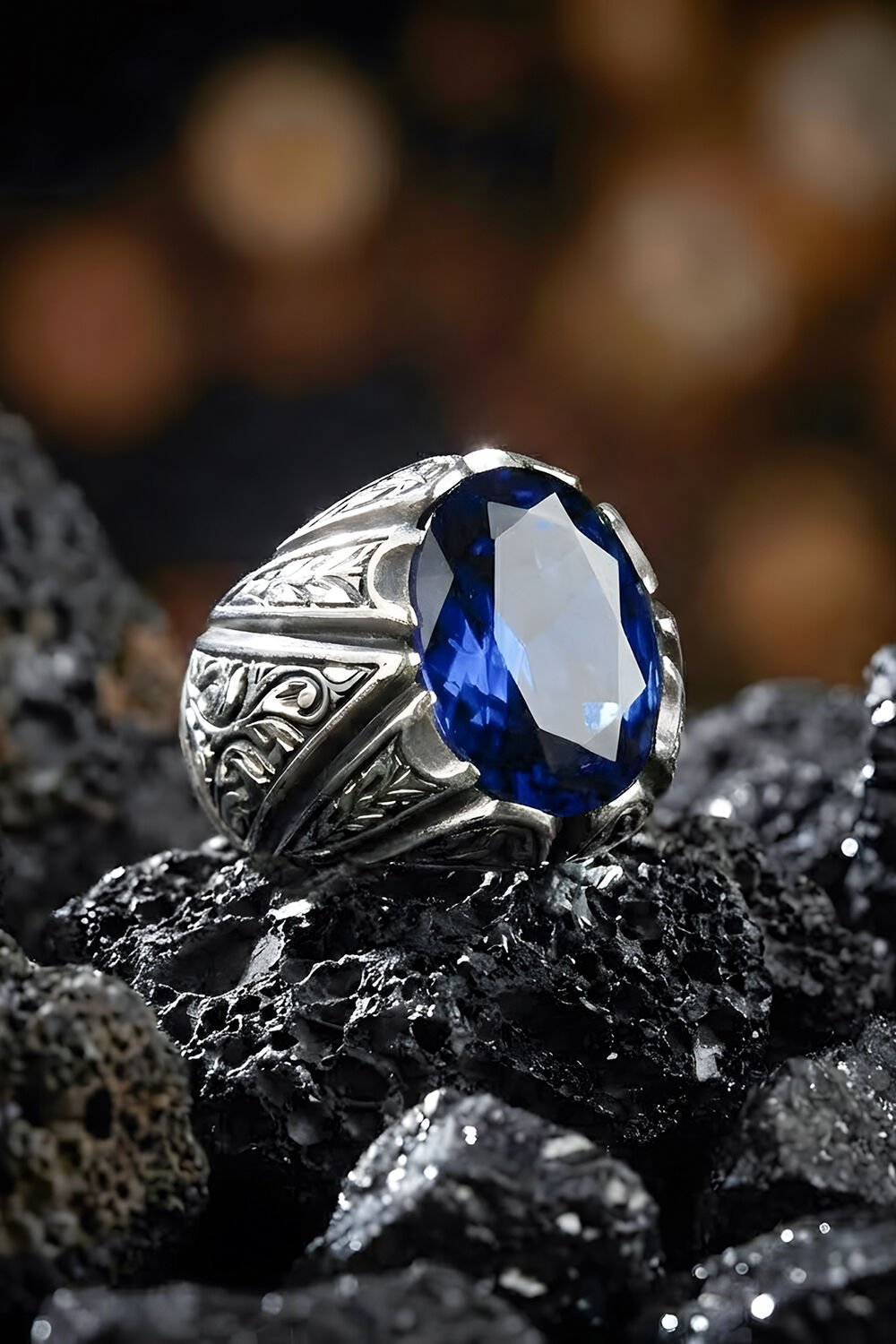 Erzurum Kalem İşçiliği Sancaktar Model Safir Zirkon Taşlı Erkek Yüzük