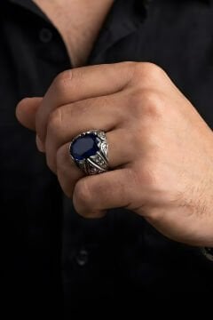 Erzurum Kalem İşçiliği Sancaktar Model Safir Zirkon Taşlı Erkek Yüzük