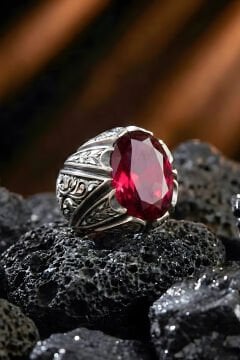 Erzurum Kalem İşçiliği Sancaktar Model Yakut Zirkon Taşlı Erkek Yüzük