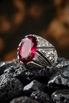 Erzurum Kalem İşçiliği Sancaktar Model Yakut Zirkon Taşlı Erkek Yüzük