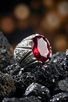 Erzurum Kalem İşçiliği Sancaktar Model Yakut Zirkon Taşlı Erkek Yüzük