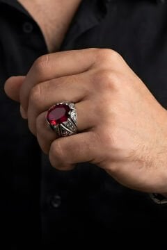 Erzurum Kalem İşçiliği Sancaktar Model Yakut Zirkon Taşlı Erkek Yüzük