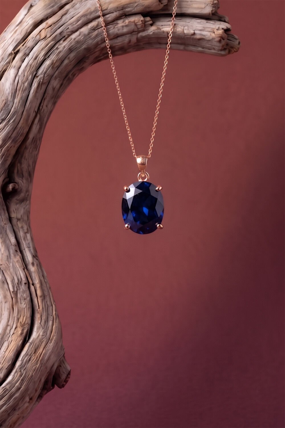 Tek Taş Model Safir Renk Zirkon Taşlı Gümüş Kadın Kolye Rose Rengi