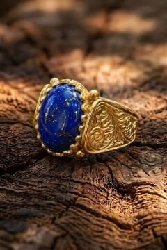 Altın Kaplama Lapis Lazuli Taşlı Gümüş Erkek Yüzük
