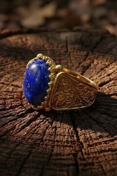 Altın Kaplama Lapis Lazuli Taşlı Gümüş Erkek Yüzük