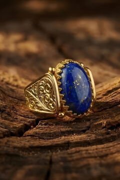Altın Kaplama Lapis Lazuli Taşlı Gümüş Erkek Yüzük