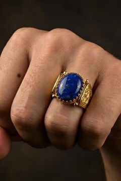 Altın Kaplama Lapis Lazuli Taşlı Gümüş Erkek Yüzük