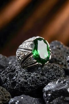 Erzurum Kalem İşçiliği Sancaktar Model Zümrüt Zirkon Taşlı Erkek Yüzük