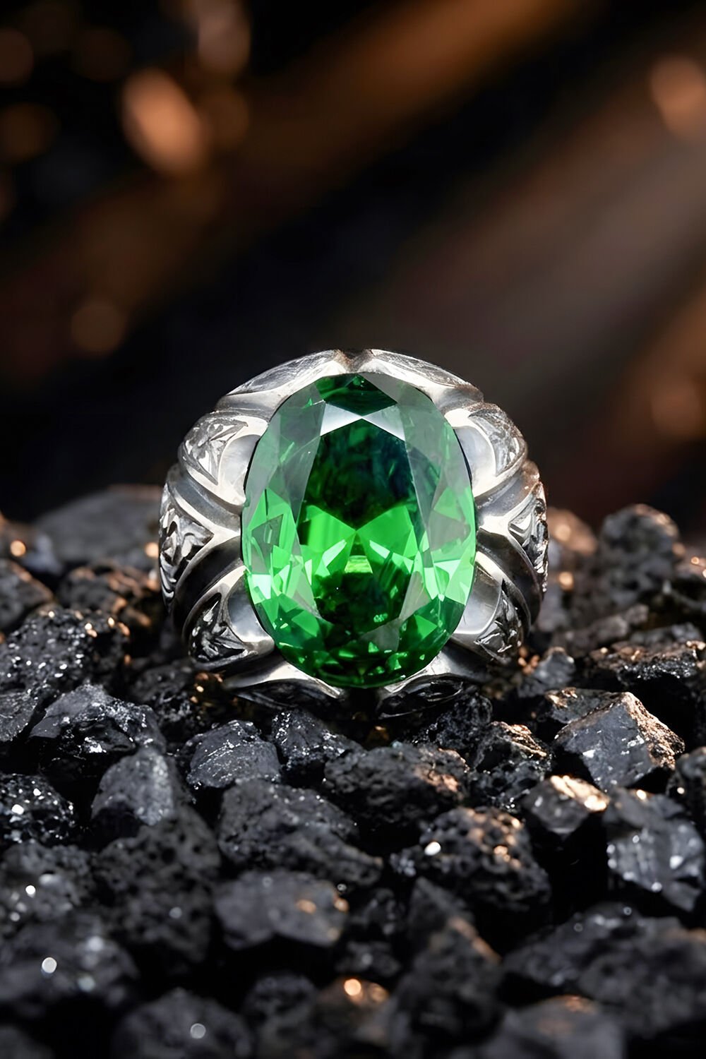 Erzurum Kalem İşçiliği Sancaktar Model Zümrüt Zirkon Taşlı Erkek Yüzük