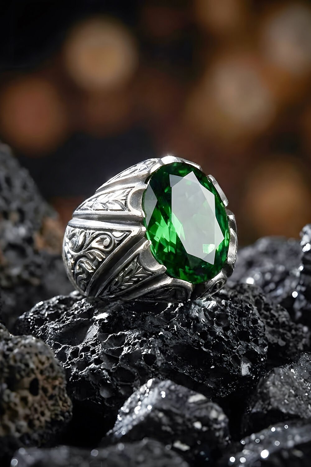 Erzurum Kalem İşçiliği Sancaktar Model Zümrüt Zirkon Taşlı Erkek Yüzük