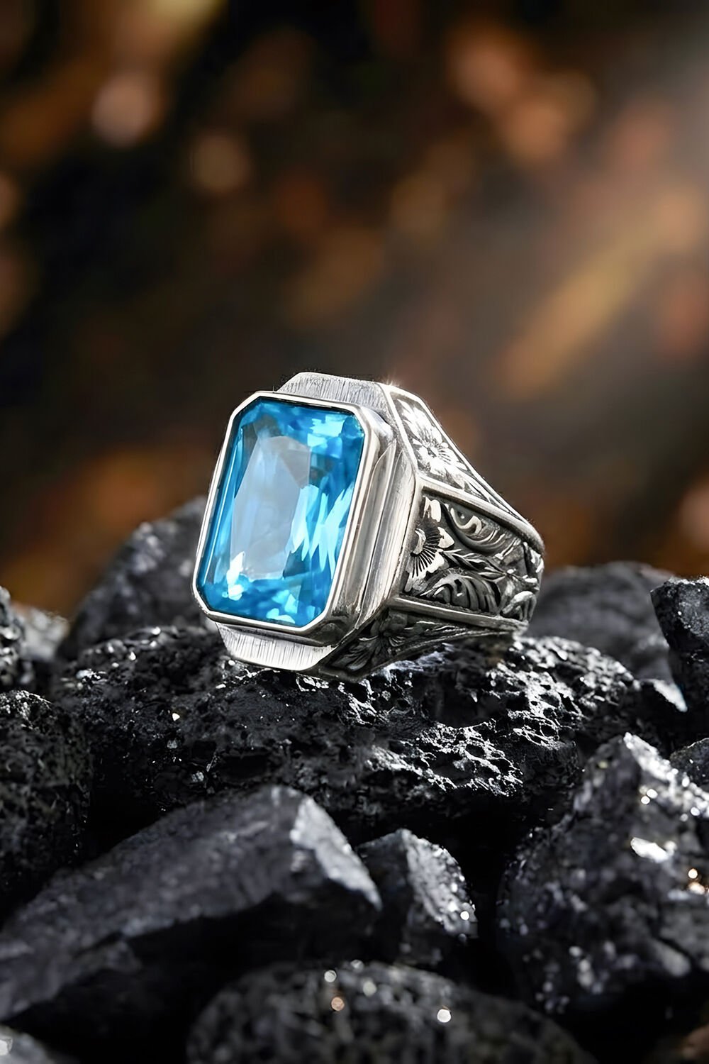 Erzurum Kalem İşçiliği Mizan Model Mavi Topaz Zirkon Taşlı Erkek Yüzük