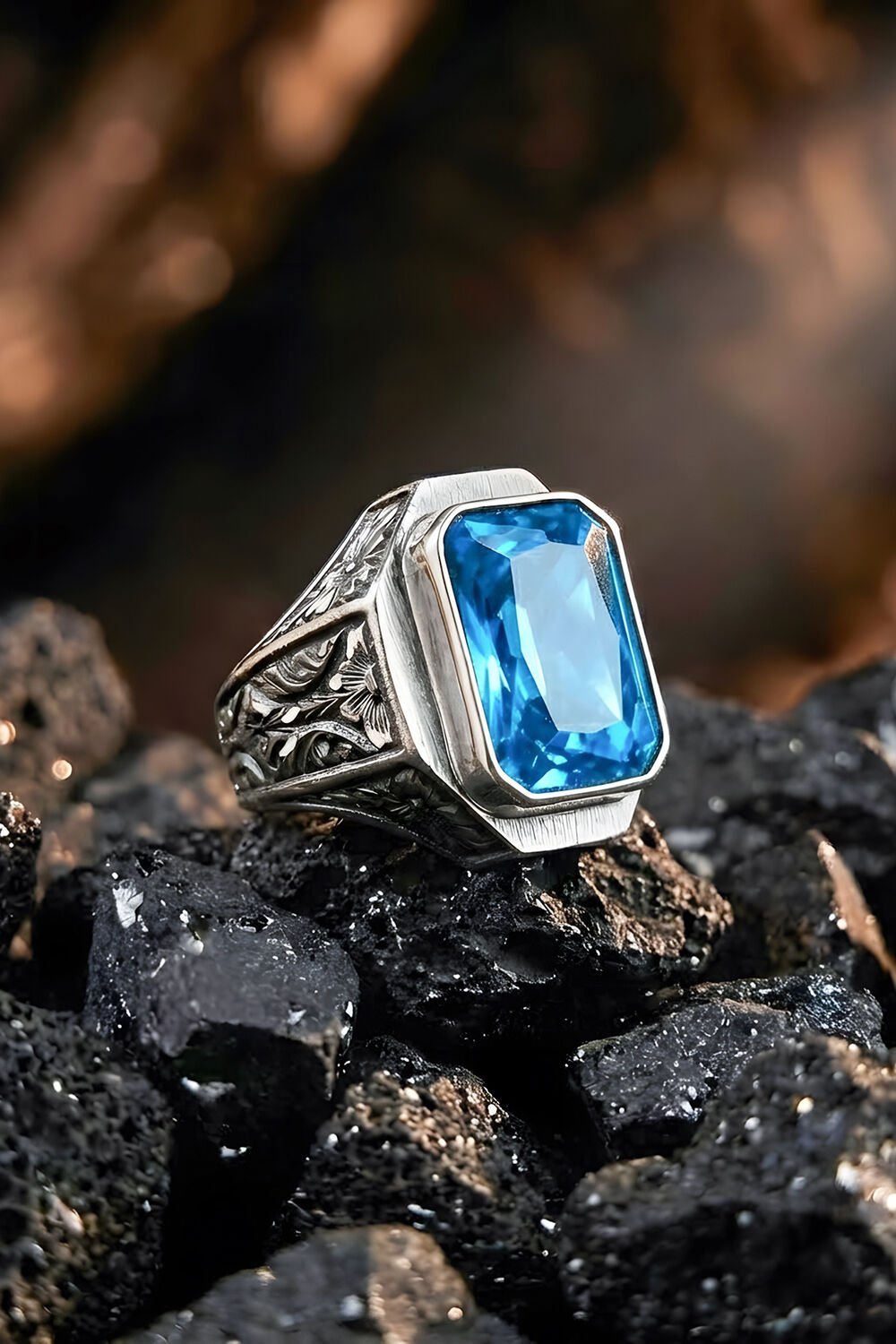 Erzurum Kalem İşçiliği Mizan Model Mavi Topaz Zirkon Taşlı Erkek Yüzük