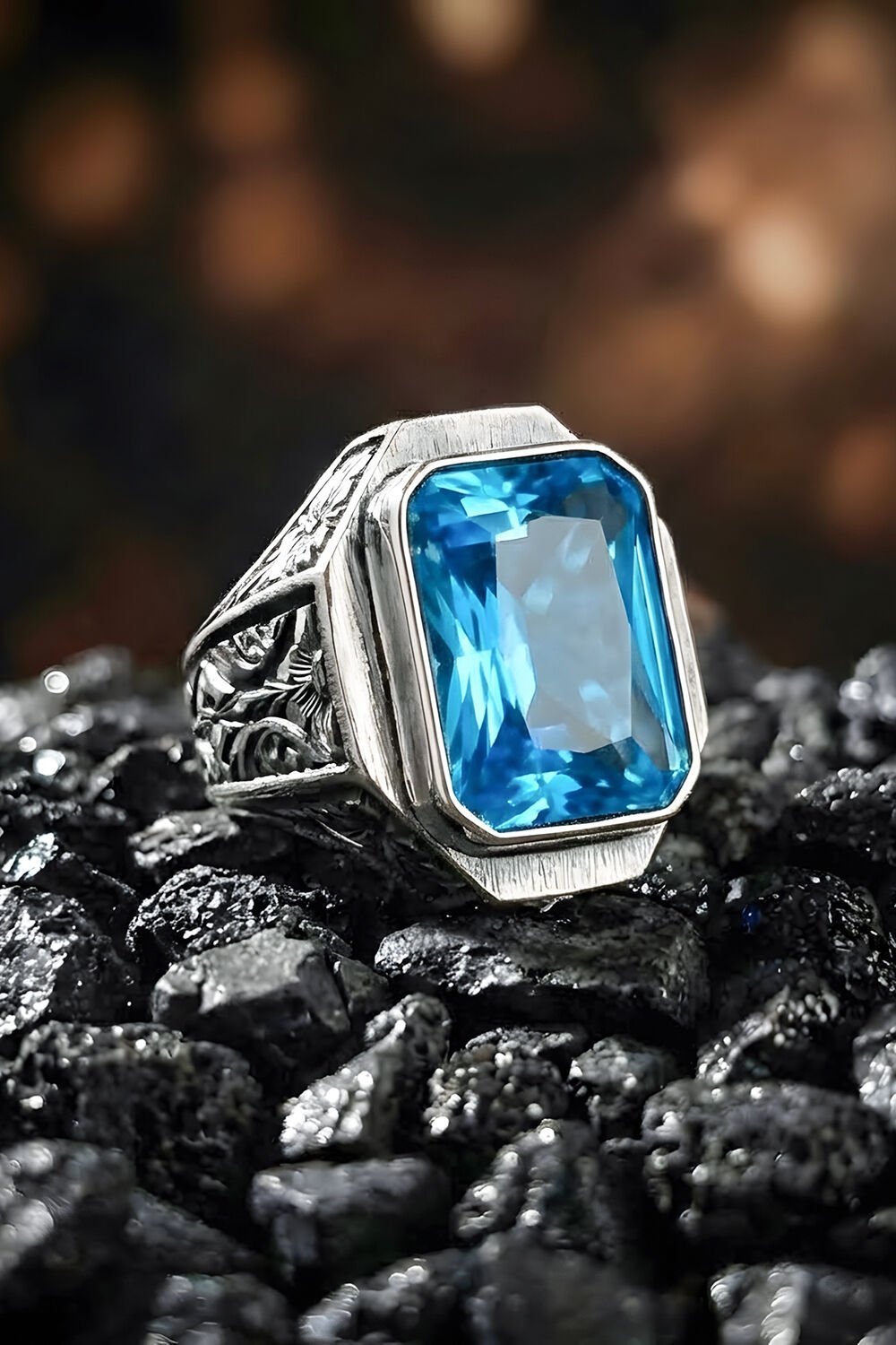 Erzurum Kalem İşçiliği Mizan Model Mavi Topaz Zirkon Taşlı Erkek Yüzük