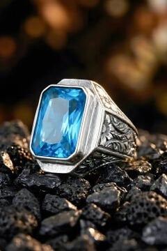 Erzurum Kalem İşçiliği Mizan Model Mavi Topaz Zirkon Taşlı Erkek Yüzük
