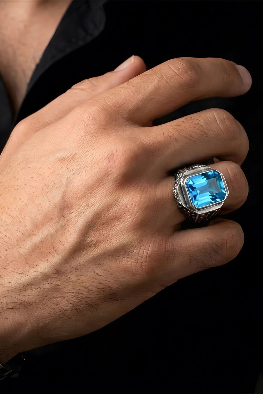 Erzurum Kalem İşçiliği Mizan Model Mavi Topaz Zirkon Taşlı Erkek Yüzük