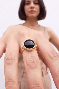 Luna Model Doğal Oniks Taşlı Gümüş Kadın Yüzük 20 - Altın Rengi