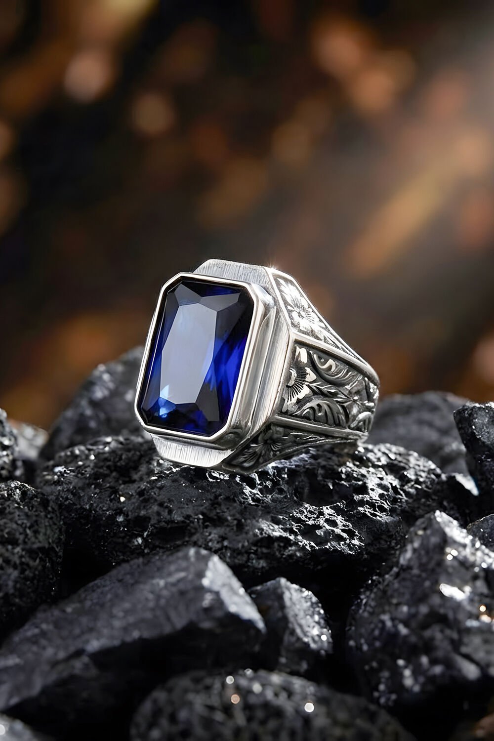 Erzurum Kalem İşçiliği Mizan Model Safir Zirkon Taşlı Erkek Yüzük