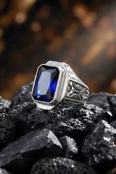 Erzurum Kalem İşçiliği Mizan Model Safir Zirkon Taşlı Erkek Yüzük