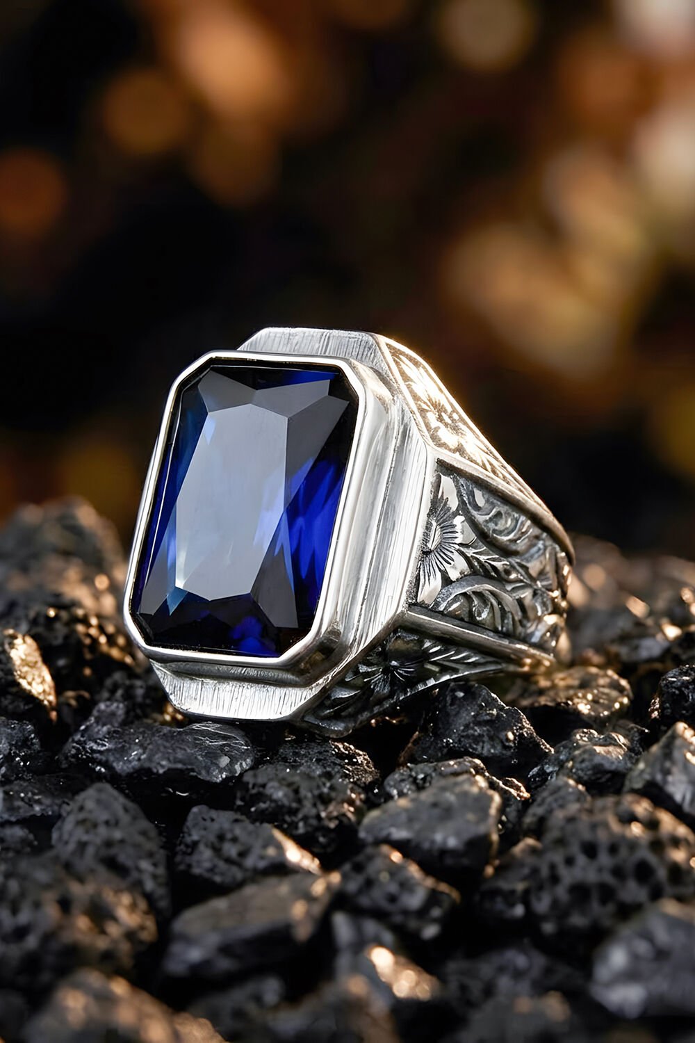 Erzurum Kalem İşçiliği Mizan Model Safir Zirkon Taşlı Erkek Yüzük