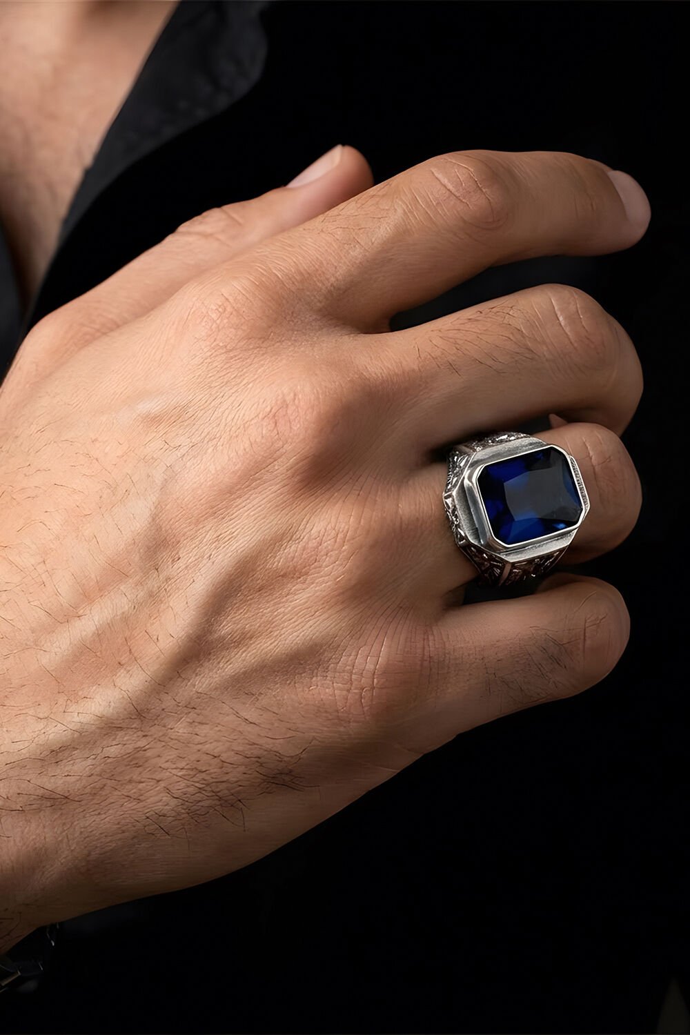 Erzurum Kalem İşçiliği Mizan Model Safir Zirkon Taşlı Erkek Yüzük