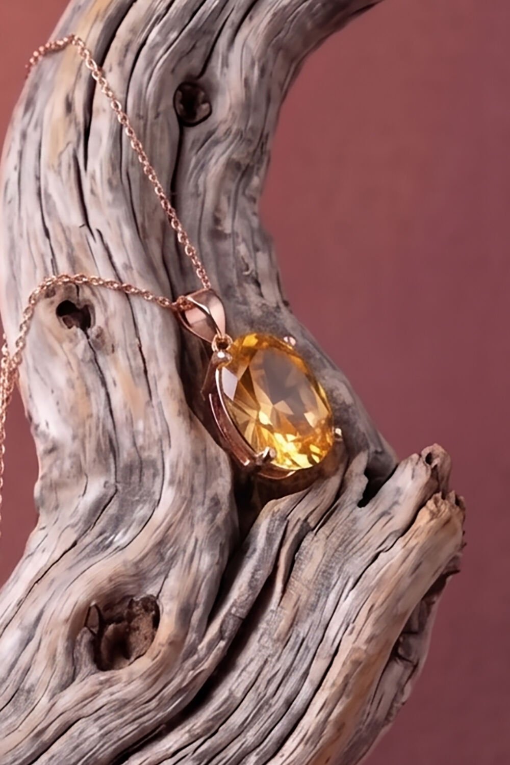 Tek Taş Model Sitrin Renk Zirkon Taşlı Gümüş Kadın Kolye Rose Rengi