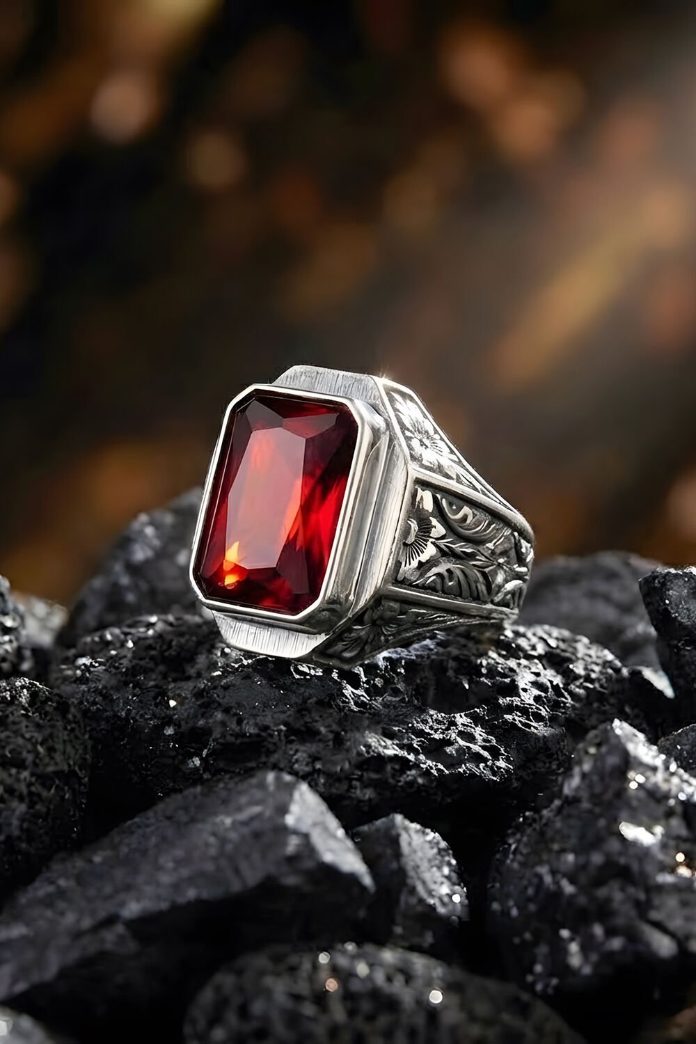 Erzurum Kalem İşçiliği Mizan Model Yakut Zirkon Taşlı Erkek Yüzük