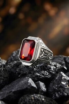 Erzurum Kalem İşçiliği Mizan Model Yakut Zirkon Taşlı Erkek Yüzük